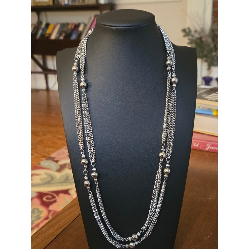 Silvertone Double Strand Station Necklace Long Vintage